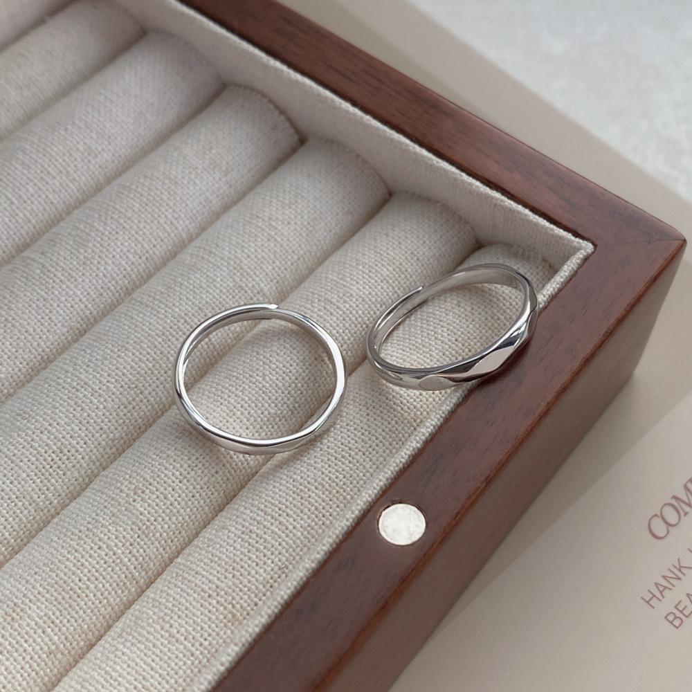 S999 Sterling Silver Minimalist Diamond Shape Adjustable Couple Ring Set - Light Luxury Pure Silver Band