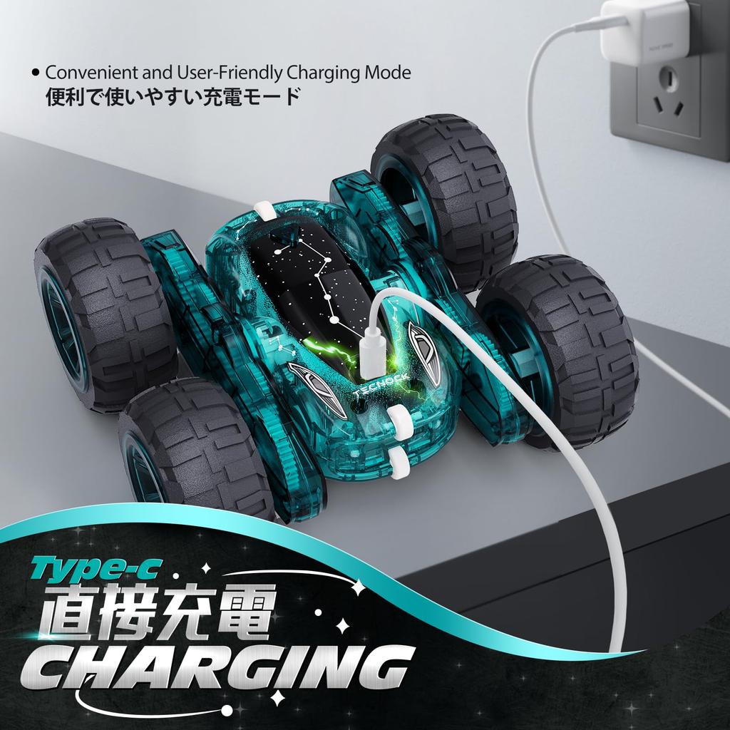 Tecnock RC Car for USB Direct Stunt RC Toy Car for Birthday Gift Kids, Type-C Rechargeable, Car, 360-Degree Rotation, Double-Sided Driving, Off-Road,