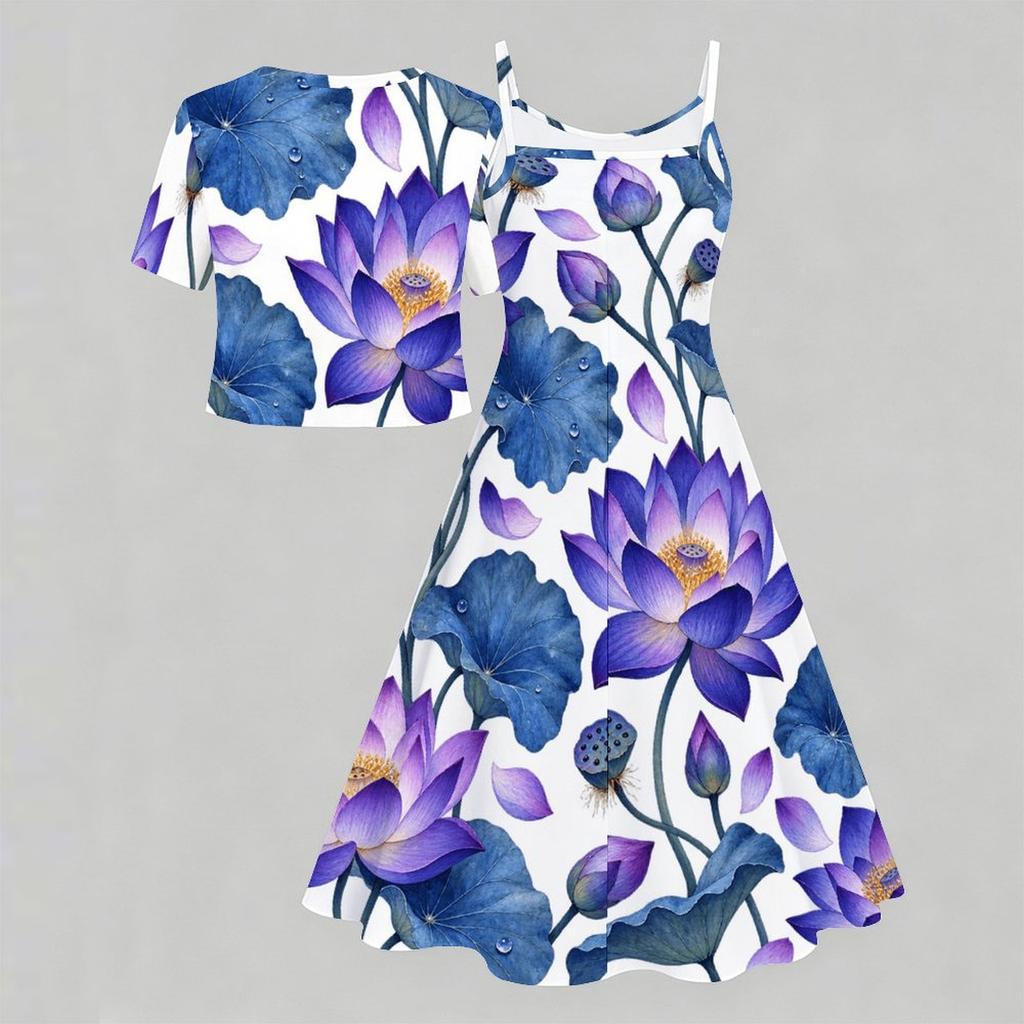 Women Plus Size Two Piece Floral Printed Set Short Sleeve Tie Front Shrug Strappy Flared Dress