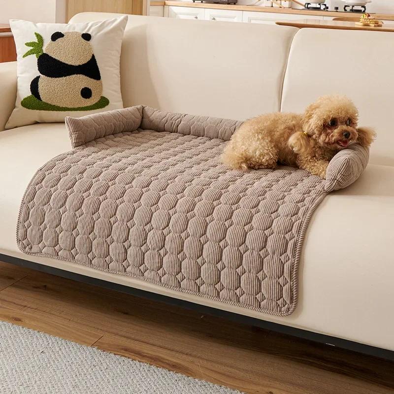 Pets Sofa Mat Anti-slip Thick Plush Plaid Dog Cat Kennel Couch Slipcover with Neck Pillow for Living Room Bed Pad Protector