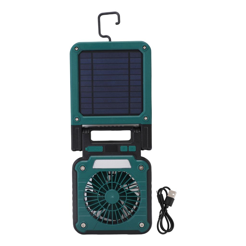 Solar Camping Fan with LED Light 3 Wind Speeds 5 Lighting Modes Rechargeable Solar Powered Fan for Tent Hiking Emergency