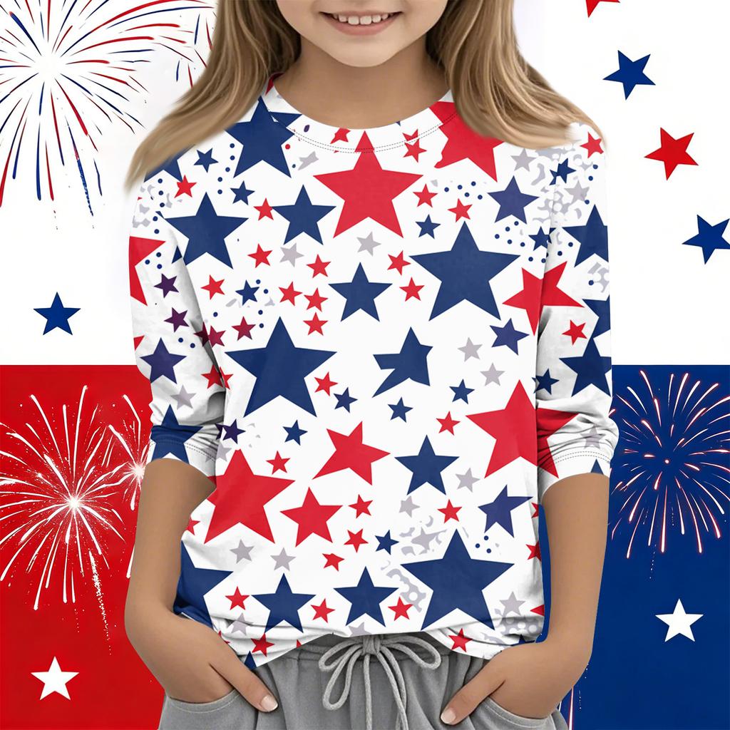 Print-Oberteile für junge Mädchen Rundhals 3/4-Ärmel T-Shirts Trendige Oberteile Outfit-T-Shirts Unabhängigkeitstag
