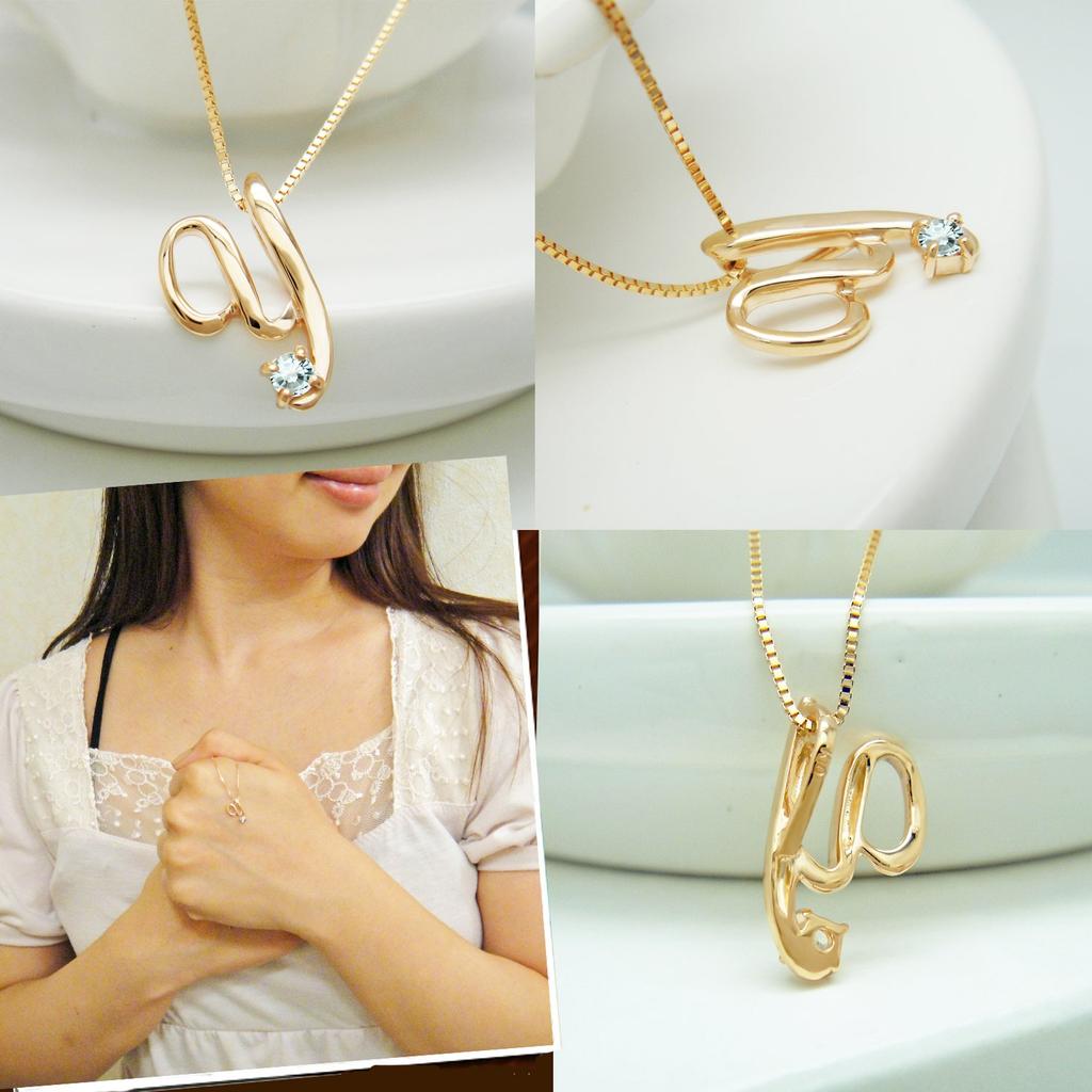 Miwahouseki Initial Y Alphabet Necklace in Pink Gold with Your Choice of Birthstone (March Aquamarine)