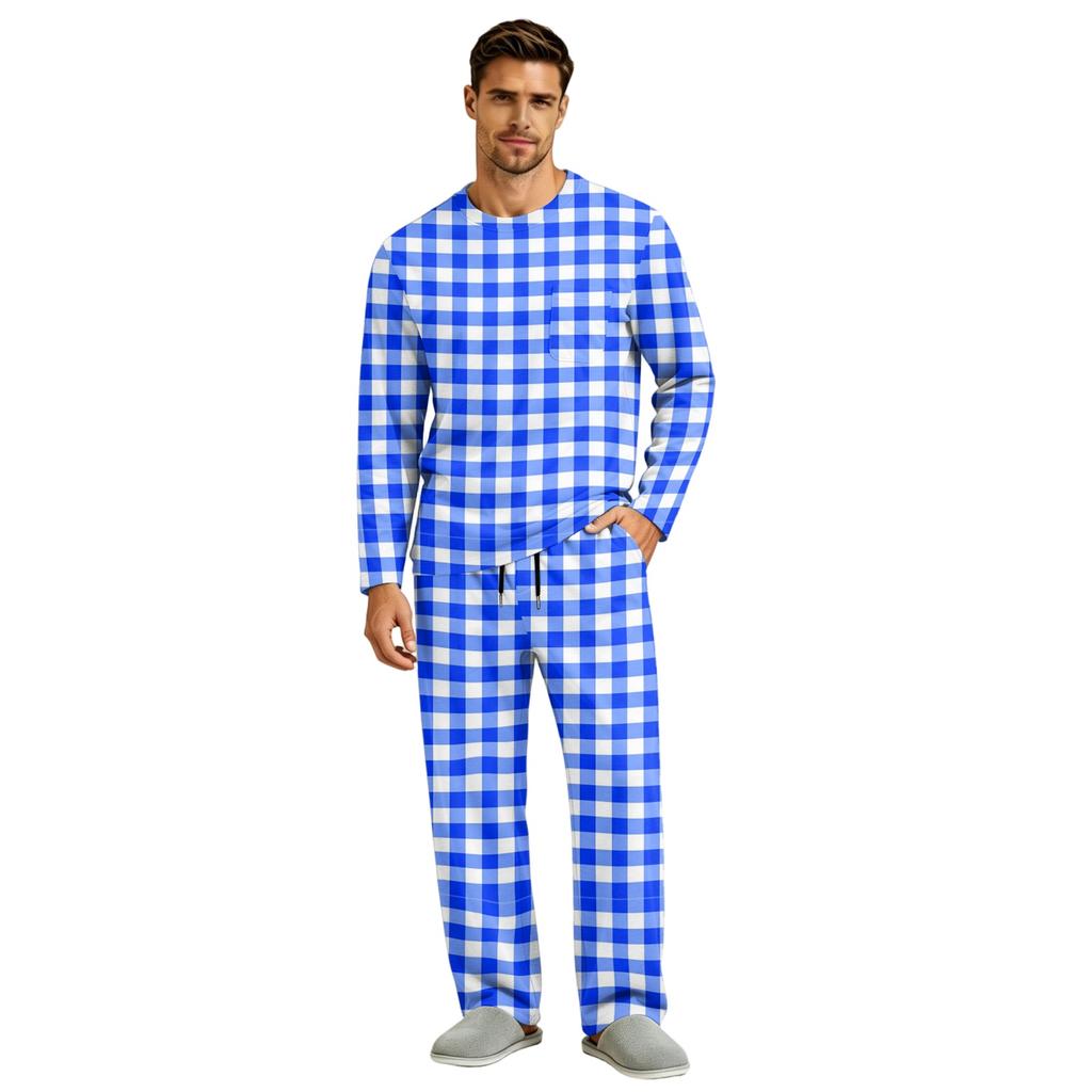 Men's Pajama Set Long Sleeve Top and Long Pants with Button Crotch and Elastic Drawstring Waist for Home Loungewear