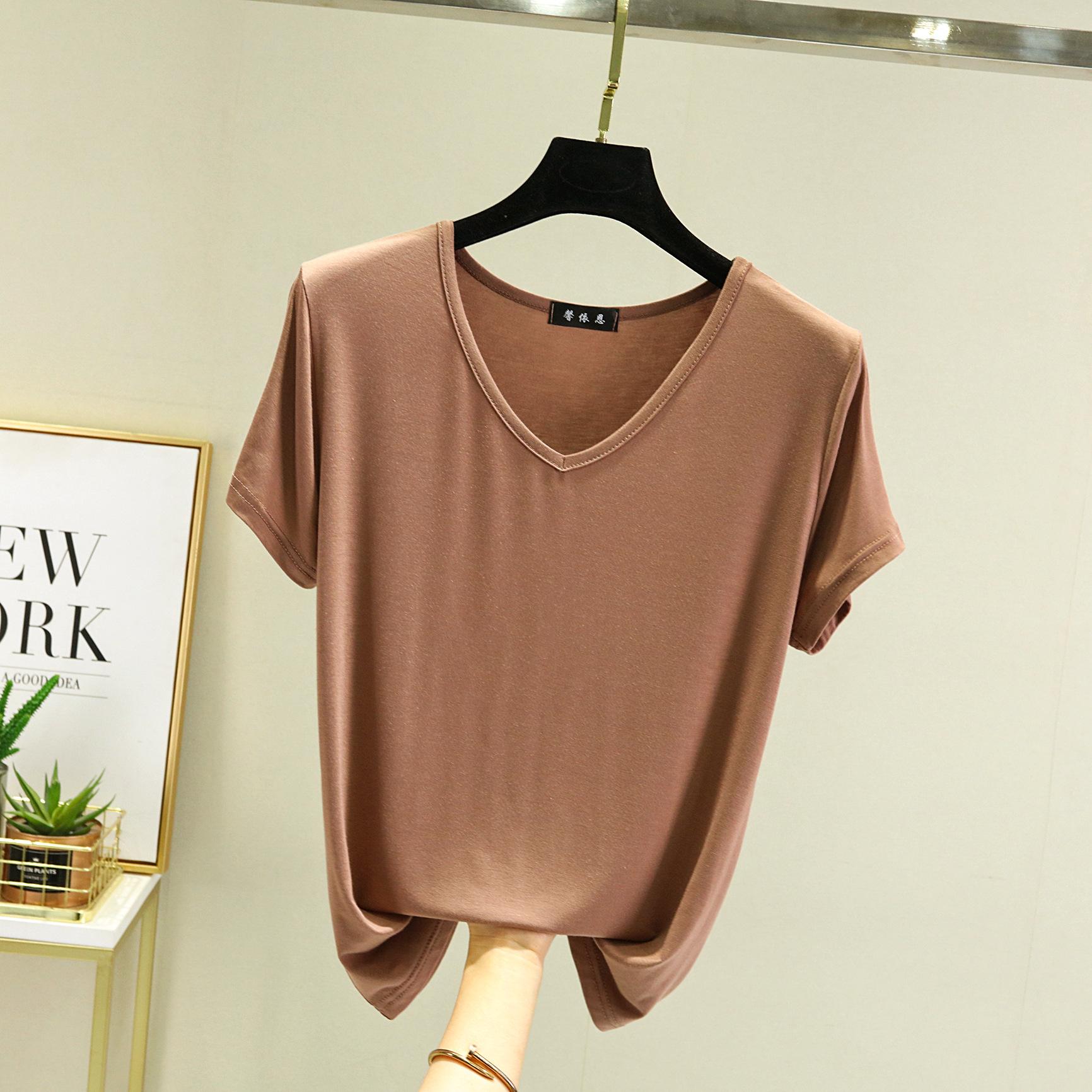 

Летние женские модальные футболки с v-образным вырезом, футболки с тонким дном, свободные футболки больших размеров, уличная одежда, базовый топ 2XL хаки