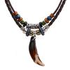 Double Layers Beaded Necklace Dog Tooth Charm Necklace Leather Tribal Necklace