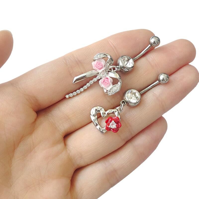 Heart Bow Navel Ring Ornament For Women Girls Light Luxury Belly Button Piercing Barbell Pendant Body Piercing Jewelry