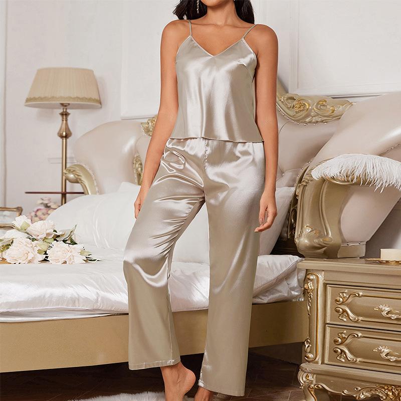 Autumn thin ice silk loungewear women's suspender trousers pajamas set casual simple loose sleeveless pajamas