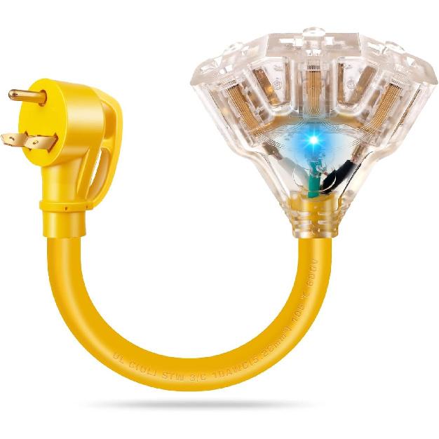 30 Amp To 110V 20 Amp RV Distribution Adapter, NEMA TT-30P Male To 3X5-15R/20R Household Outlet Female With LED Power Indicator Light