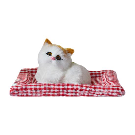 Simulated Cat Toy with Cloth Mat Lifelike Meowing Plush Kitten Model Stuffed Animal Doll Home Office Desktop Decoration Ornament