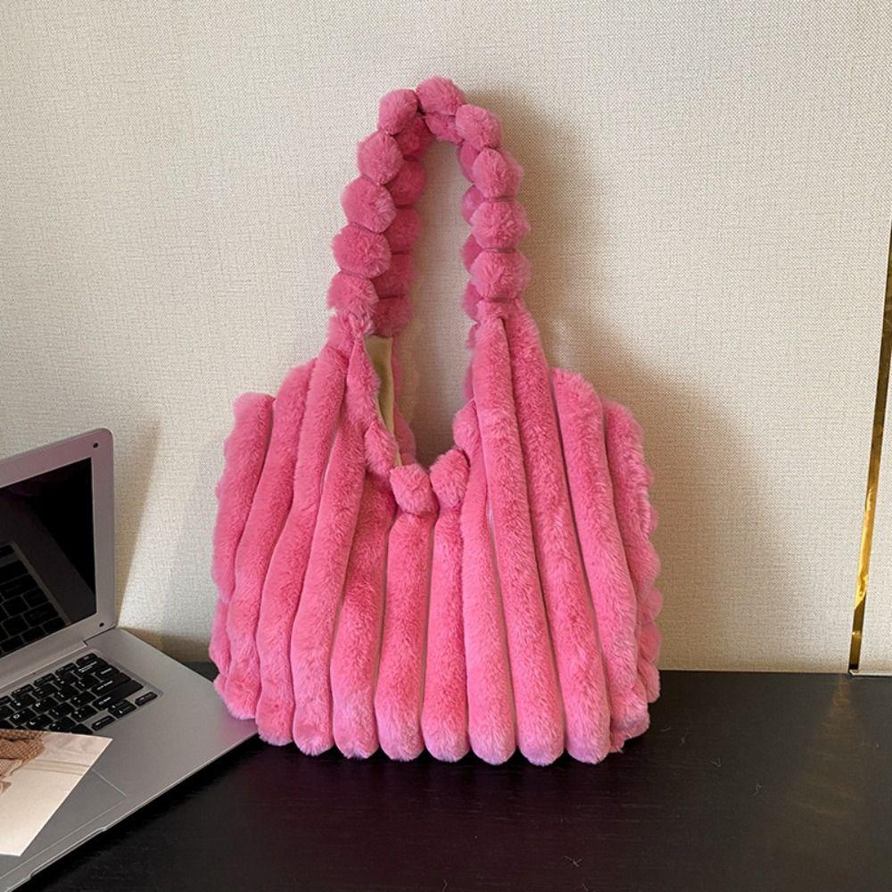 Solid Color Plush Handbag Korean Style Plush Shoulder Bag Kawaii Plush Tote Bag Female/Girls