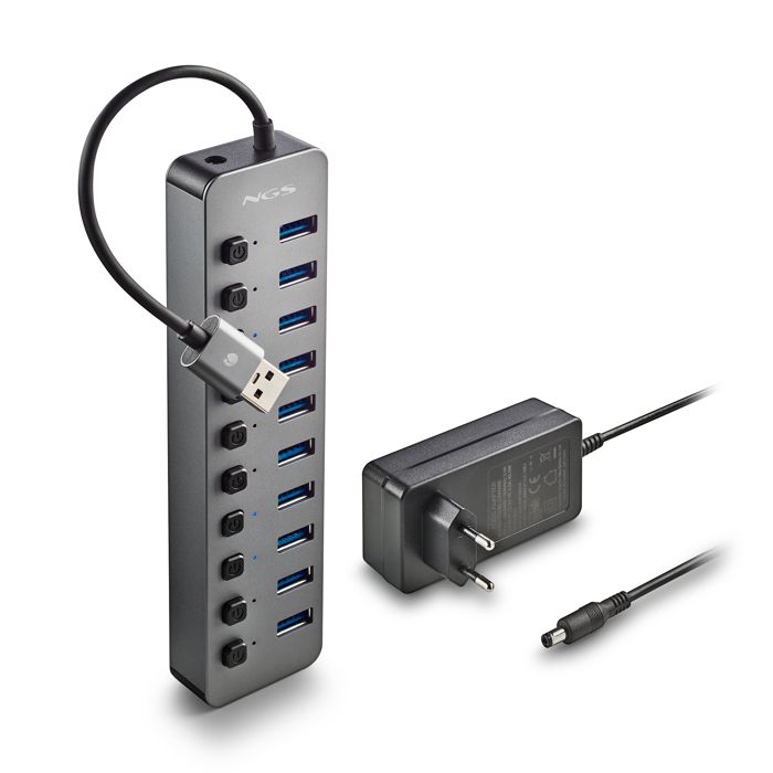 NGS IHUB 10 : Hub 10 ports USB 3.0, transfert 5Gbps, câble 180mm, Plug & Play, noir