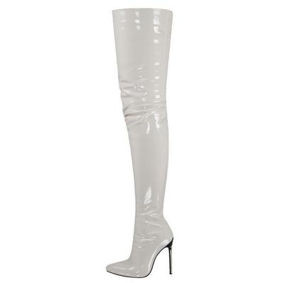Mode FHC 11cm Dünner Absatz Damen Oberschenkelhohe Stiefel, Overknee Lange Stiefel, Spitze Zehenpartie, Seitenreißverschluss, 34-48, Schwarz, Weiß, Rot, Lila, Dropship