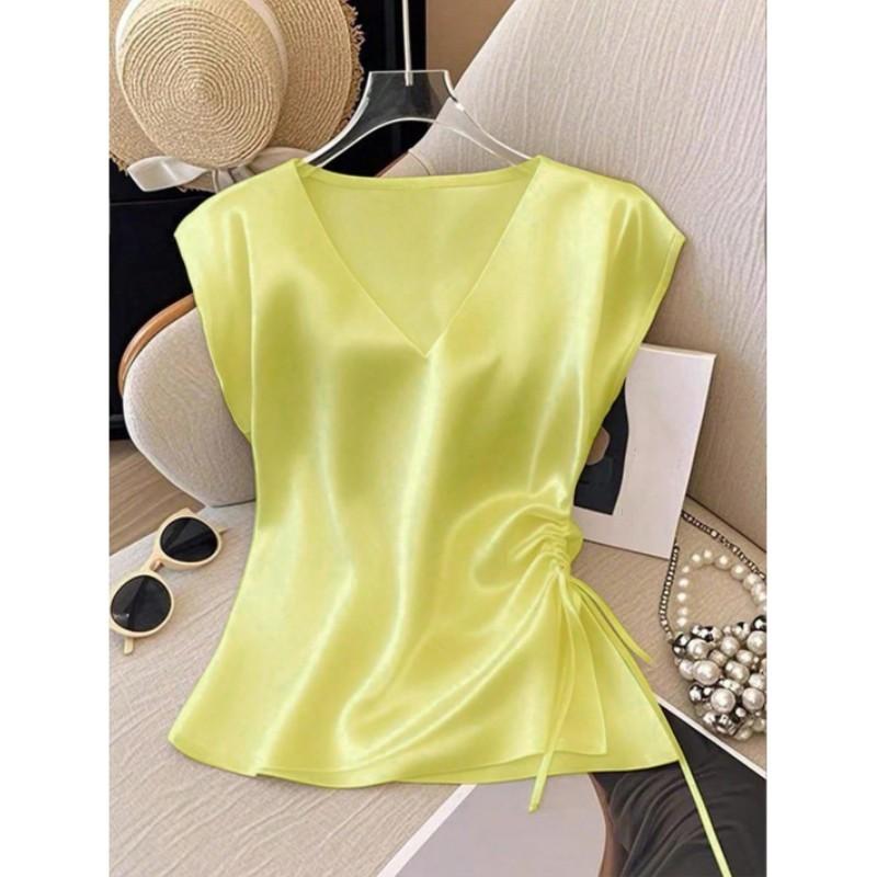 Leichtes Sommer-T-Shirt für Damen, V-Ausschnitt, Unifarben, Satin-Kurzarmhemd, Elegantes figurbetontes Oberteil