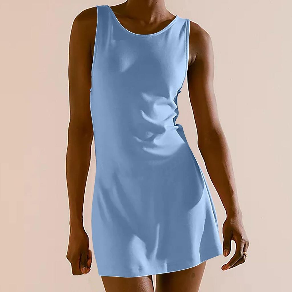 Women Sleeveless Casual Crew Neck Fitted Solid Tank Dress Soft Lightweight Simple Design Comfortable Mini Dress for Daily Wear