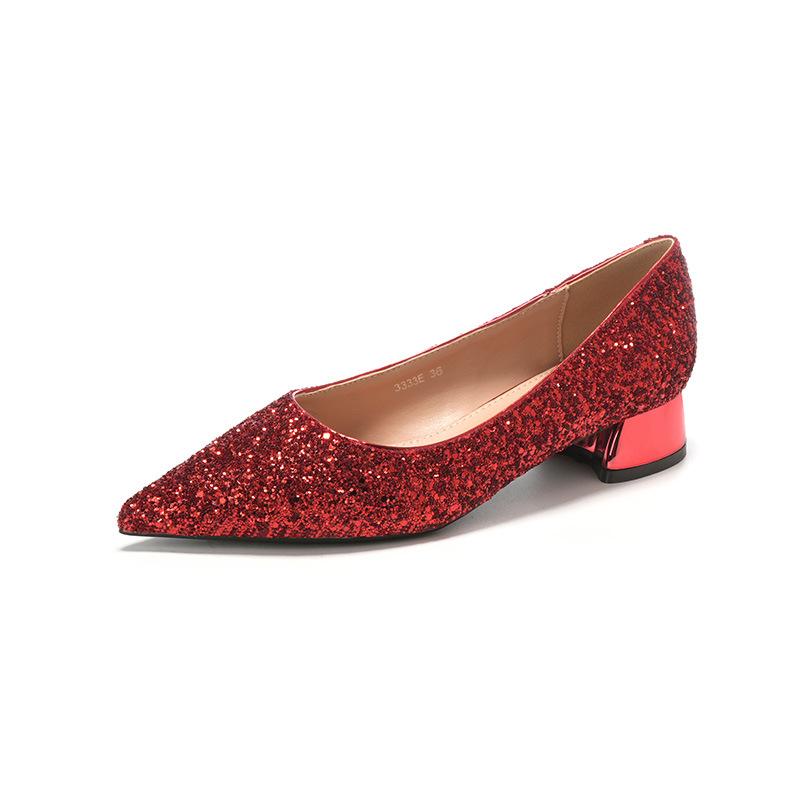 Low Heel Shiny Glitter Pointed Women's Shoes Red High Heels Comfortable Wedding Shoes Banquet Shoes Bridesmaid Shoes