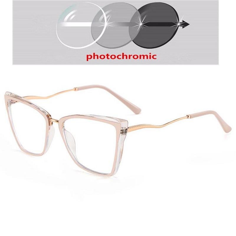 Women Men Anti-Blue Light Cat Eye Myopic Glasses +Metal Myopia Photochromic Prescription Eyeglasses 0 -0.5 -0.75 To -6.0