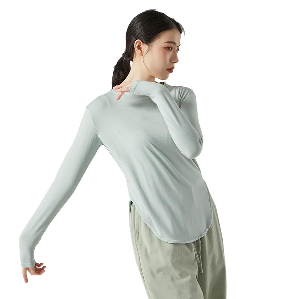 Yuoku Long Sleeve Ballet Practice Stretch Blouse with Slit and Round Perfect for Classical and Ballroom and Refreshing Solid Color Women's T-Shirt,
