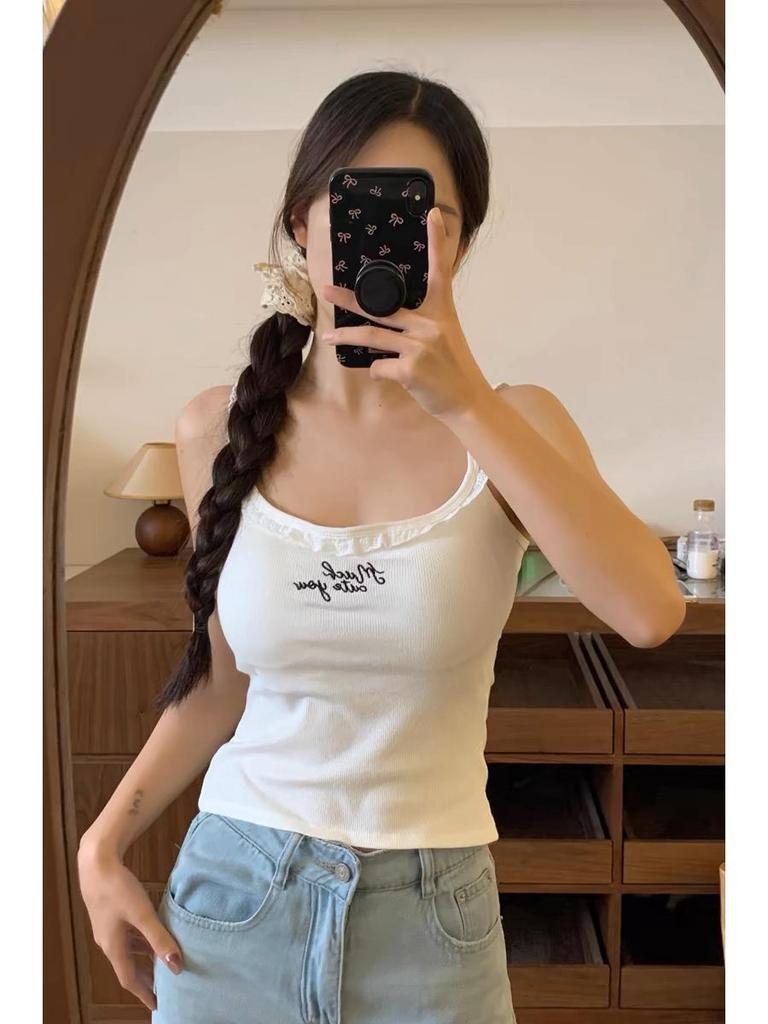 Pleated Camisole Top for Women with Chest Pads, Spicy Girl Embroidery, Lace Trim, Slim Fit, Inner/Outer Wear