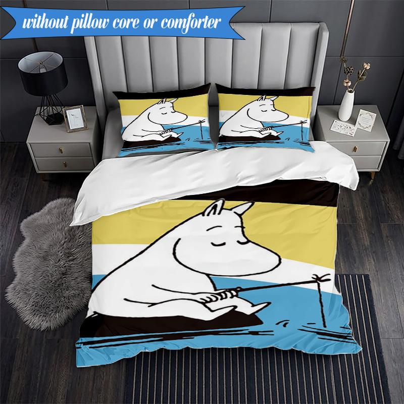 3PCS White Hippo Fishing Adventure Bedding Set,Including 1pc Duvet Cover And 2pcs Pillowcases Perfect for Bedroom, Dormitory, Fan Christmas Gift