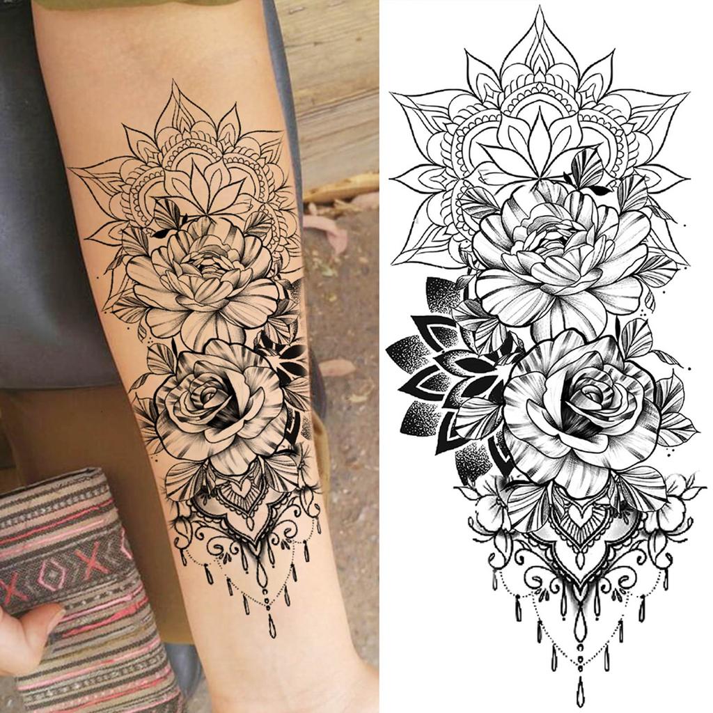 1 Sheet Black Flower Temporary Tattoos For Women Girls Realistic Fake Flora Floral Peony Tattoo Sticker Body Art Painting Decal