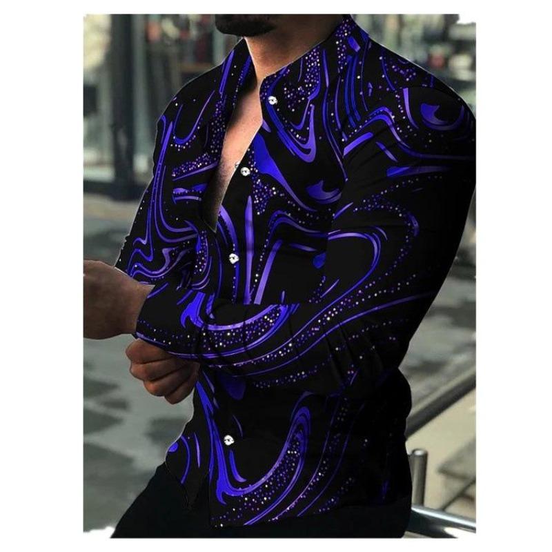 Men's Printed Long Sleeve Shirt Casual Cardigan Button High Elastic Lapel Slim Fit Spring and Autumn