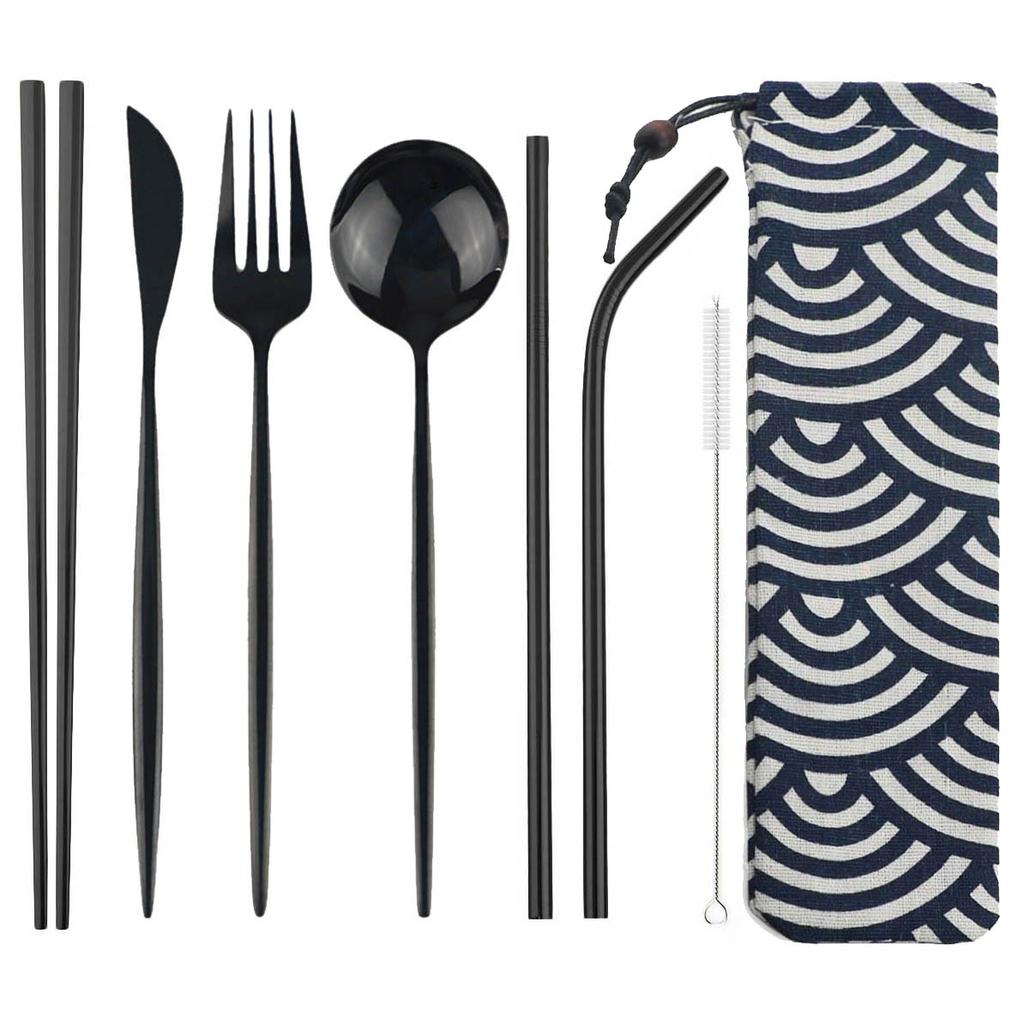 8pcs Portable Travel Knife Fork Spoon Chopsticks Straw Dinneware Set Blue Cutlery Set 304 Stainless Steel Silverware with Pouch