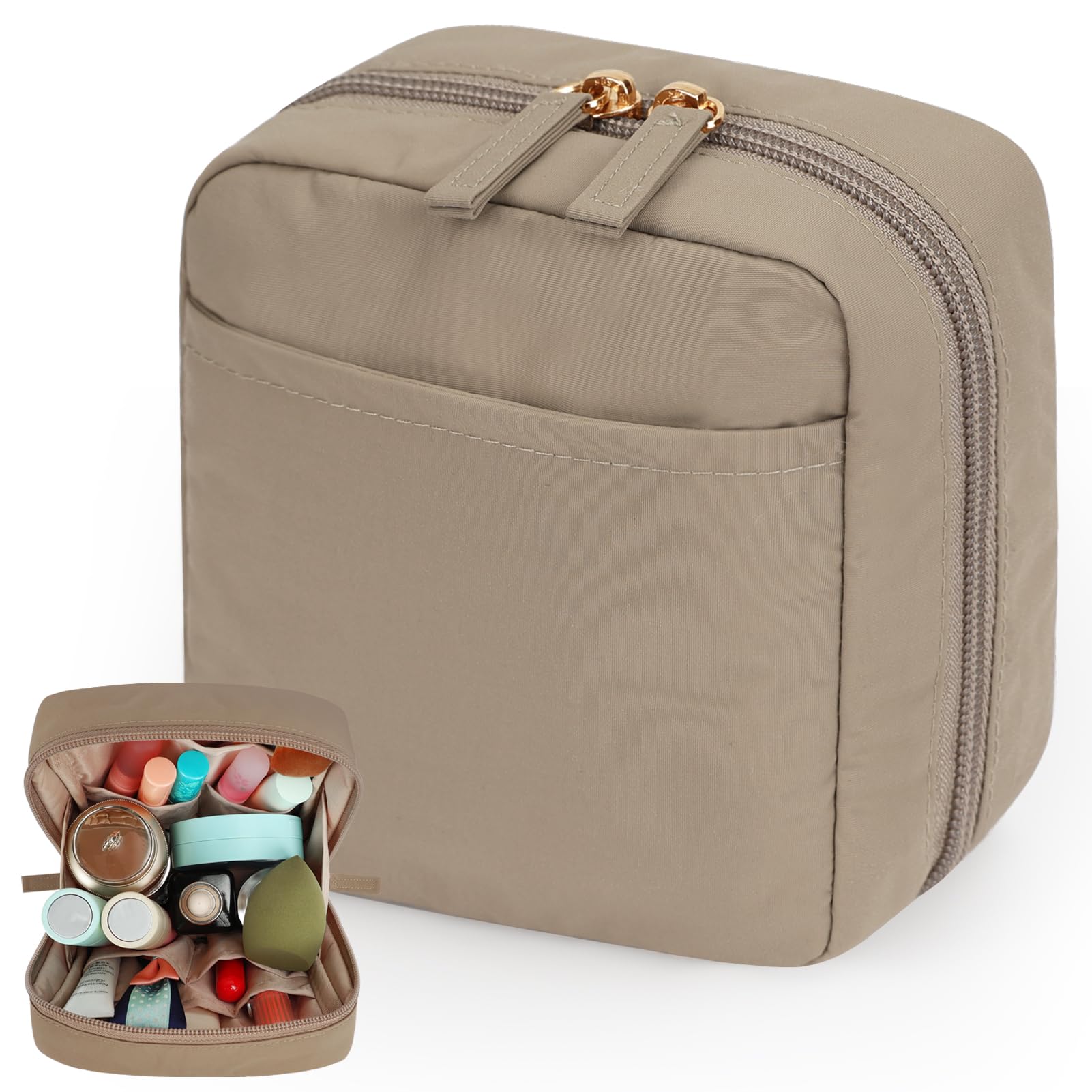

besharppin Makeup Large Perfect for Business Trips and Travel Pouch, Capacity, Lightweight, Stand-Up Storage, (Khaki)