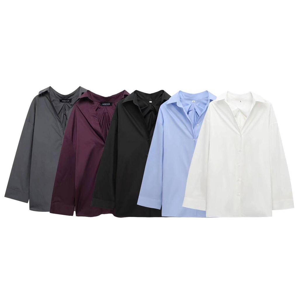 2024 Winter New Women's Fashion: European & American Style Pleated Back Loose Shirt