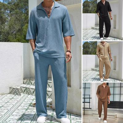 2Pcs/Set Men Casual Outfit Lapel Long Sleeve Tops Elastic Waist Long Pants Set Solid Color Commuter Style Outfit
