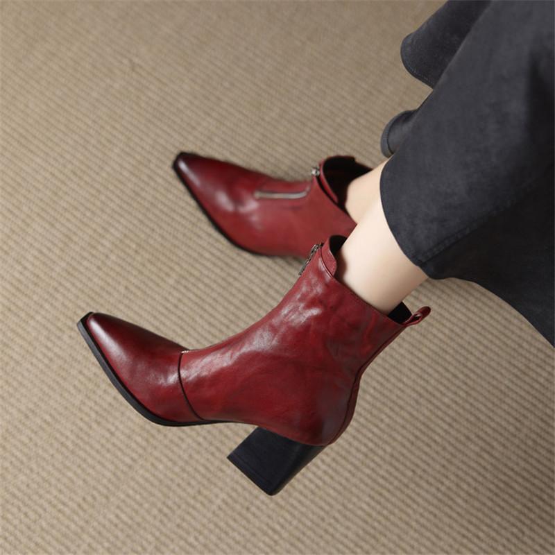 Mote Nye Høst/vinter Ekte Skinn Dame Støvletter Spiss Tå Sko for Kvinner Mote Støvletter Høye Hæler Korte Støvletter Kraftige Hæler