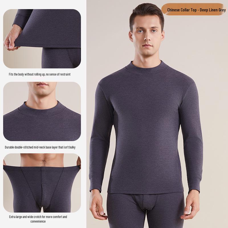 Men's Fleece-Lined Thermal Underwear Set - Heat-Retaining Cotton-Wool Base Layer with Undershirt and Pants