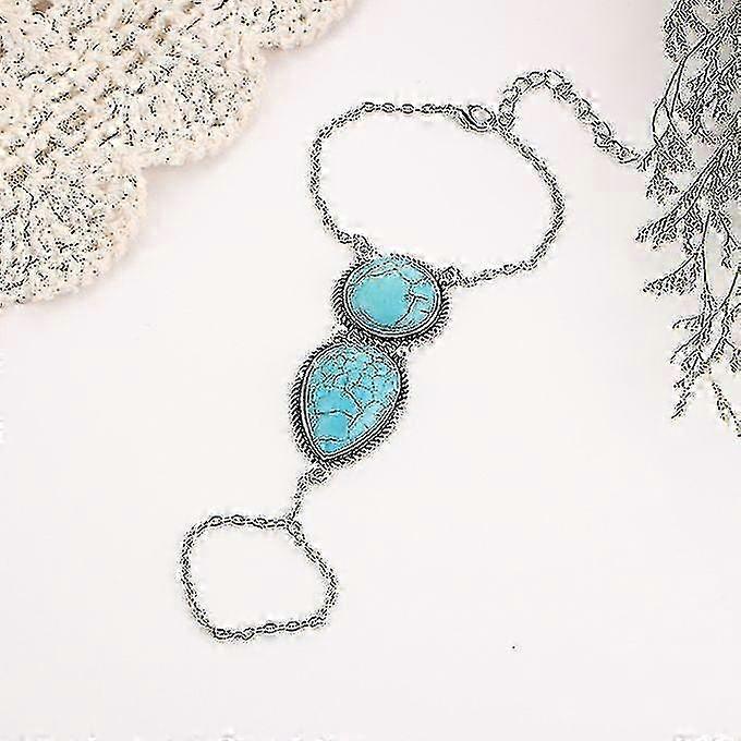 Donna Boho Retro Celebrità Turchese Catena Schiava Anello Bracciale Imbracatura Mano-Argento Antico hwy