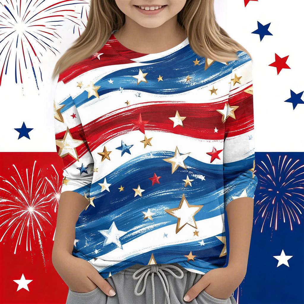 Print Tops For Youth Girls Round Neck 3/4 Sleeves T-Shirts Trendy Tops Outfit Tees Independence Day