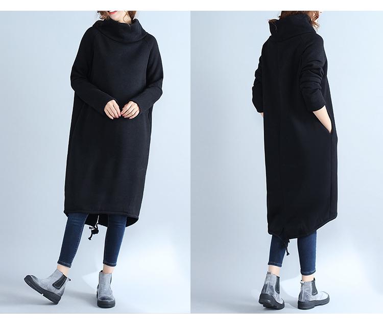 Vestido de Algodón y Lino con Forro Polar de Talla Grande Estilo Étnico 2017 con Cuello Alto