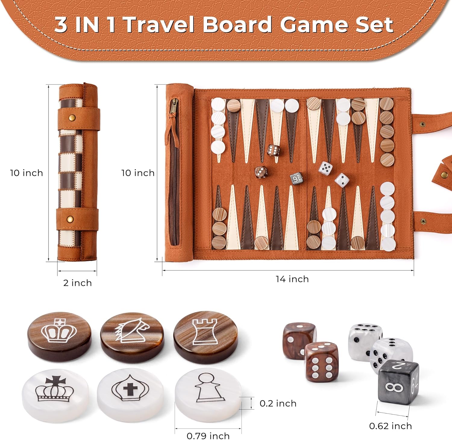 

3-in-1 Travel Chess Backgammon Checkers Set, Roll-up Leather, 32 Pearl Pieces, 5 Dices, Portable 13x10 Inch United States