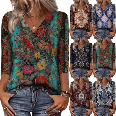 Women's 3/4 Sleeve Shirts V Neck Print Tops Casual Tops Basic Tees Blouse Loose Tops