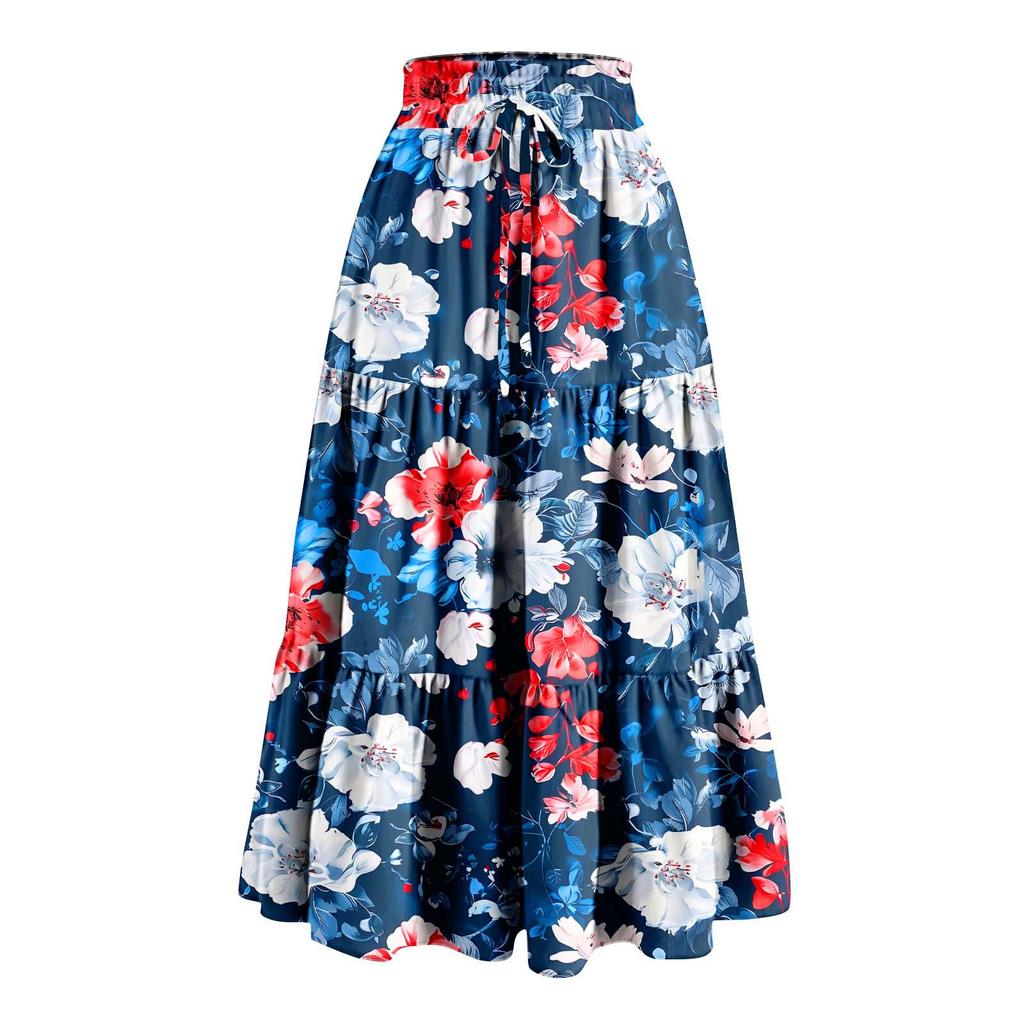 Women's Ruffled Spring Casual Long Skirt Plain Color Skirt Retro Pleated Skirt