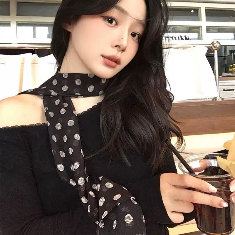 French Brown Polka Dot Long Scarf for Women's Fashion Accessories, Neck Accessories, Headband, Long Ribbon