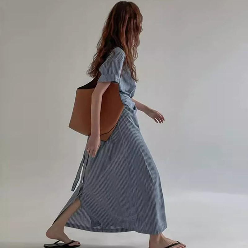 Johnature Korean Lazy Retro Striped Lace-up Waist Dresses Summer Women O-neck Short Sleeve Loose Casual Dresses