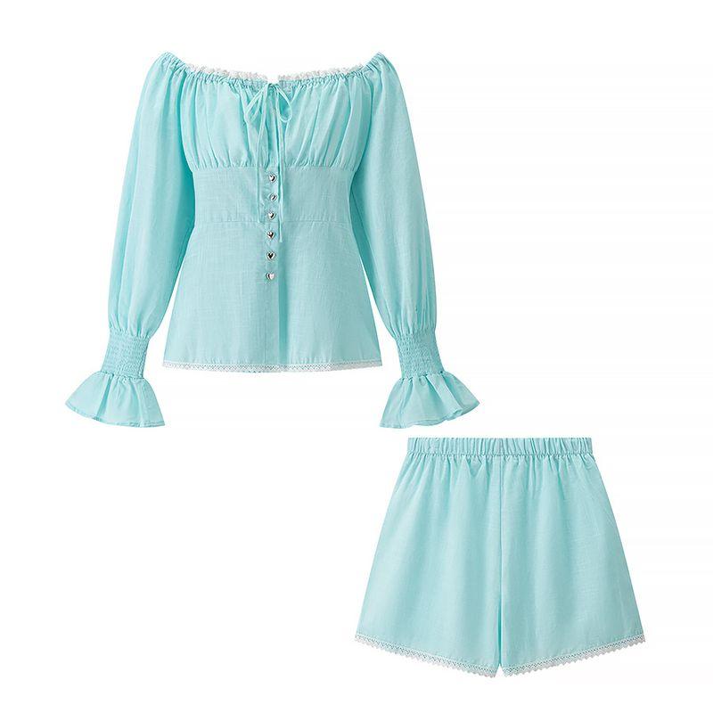 

Zbzr Осень Новинка Женская одежда Западный стиль Мода С открытыми плечами Рукав-фонарик Топ на бретелях Шорты с высокой талией Комплект Suit L