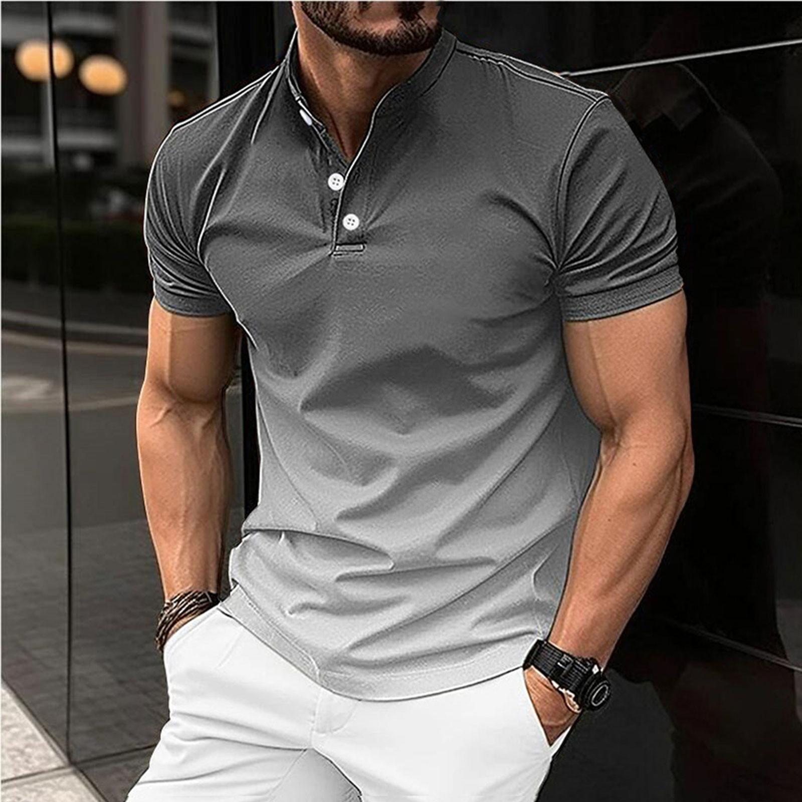 

Летняя мужская рубашка на пуговицах с круглым вырезом и короткими рукавами, однотонный повседневный топ