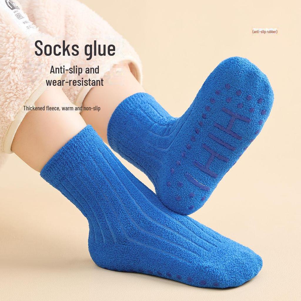 Dicke Korallenfleece-Anti-Rutsch-Indoor-Socken für Jungen, mittelhoch, warm für Herbst/Winter.
