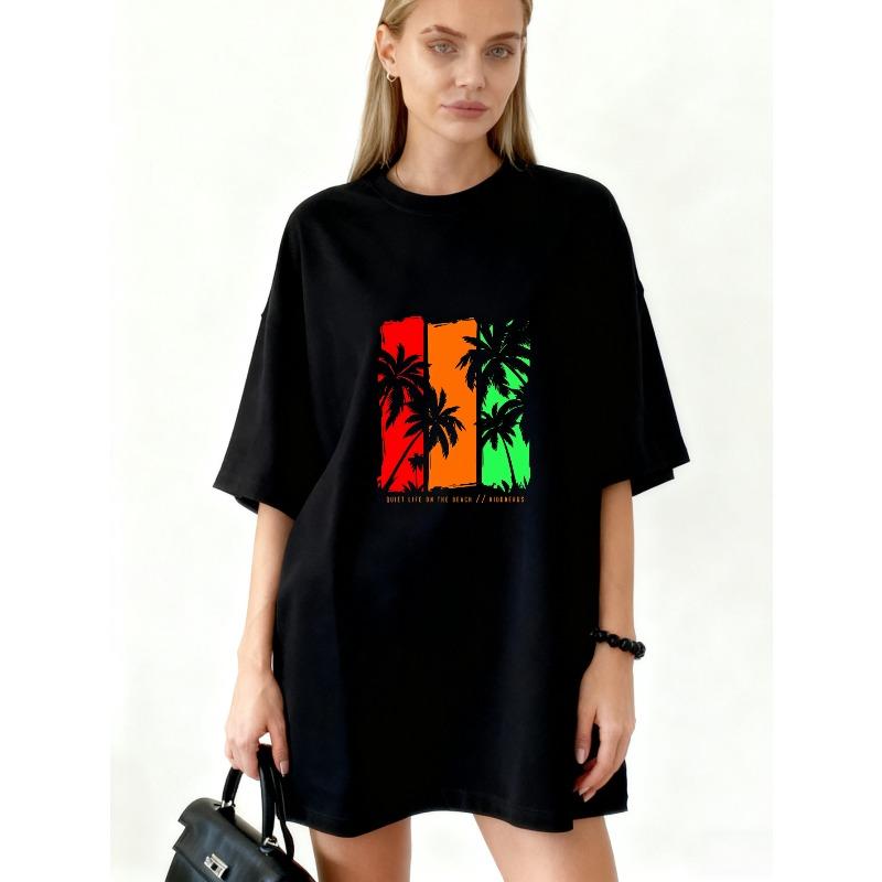 Оверсайз платье-футболка Черное Пальма Раста Цвета Летние Варианты Принт Для Пляжа и Повседневной Носки S