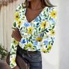 Women's Casual V-Neck Floral Print Long Sleeve Ribbed Top for Everyday Wear