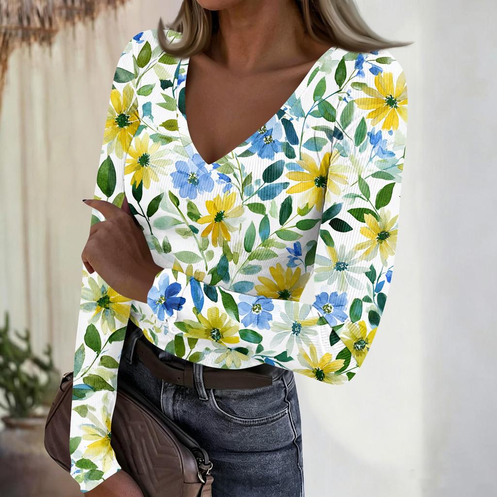 Women's Casual V-Neck Floral Print Long Sleeve Ribbed Top for Everyday Wear