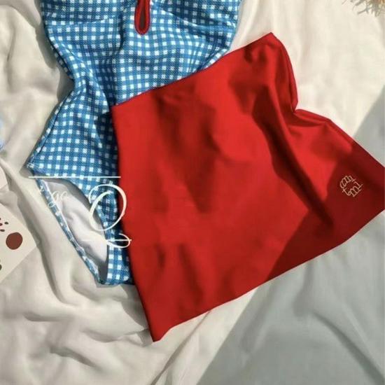 Ретро сдельный купальник в клетку French Blue, подчеркивающий фигуру, с завязками Extra Large