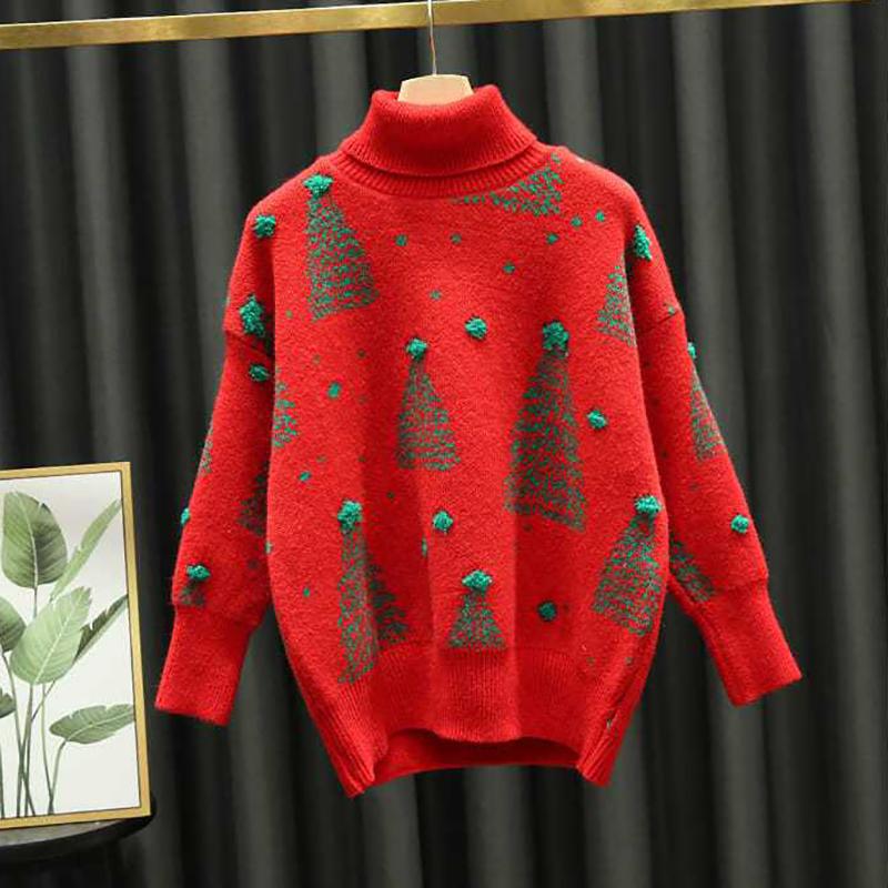Christmas Red Turtleneck Sweater Women's Autumn Winter Vintage Casual Loose Pullovers Long Sleeve Christmas Tree Knitted Tops