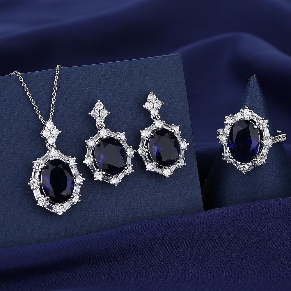New Colorful Treasure Blue Gemstone Pigeon Egg Three-piece Luxury Set with Diamond Necklace Ring Earrings Ring Size:Adjustable