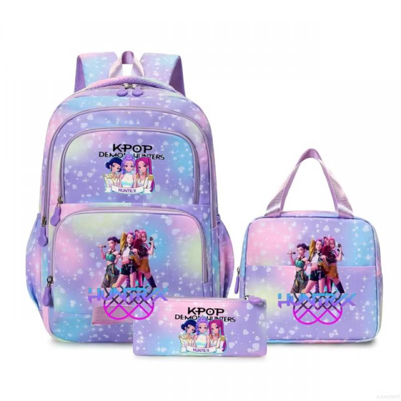 K-Pop Inspired Cartoon School Backpack Set Teen Girls 3pcs Lunch Bag Main Pencil Case Arc Shoulder Straps British Style